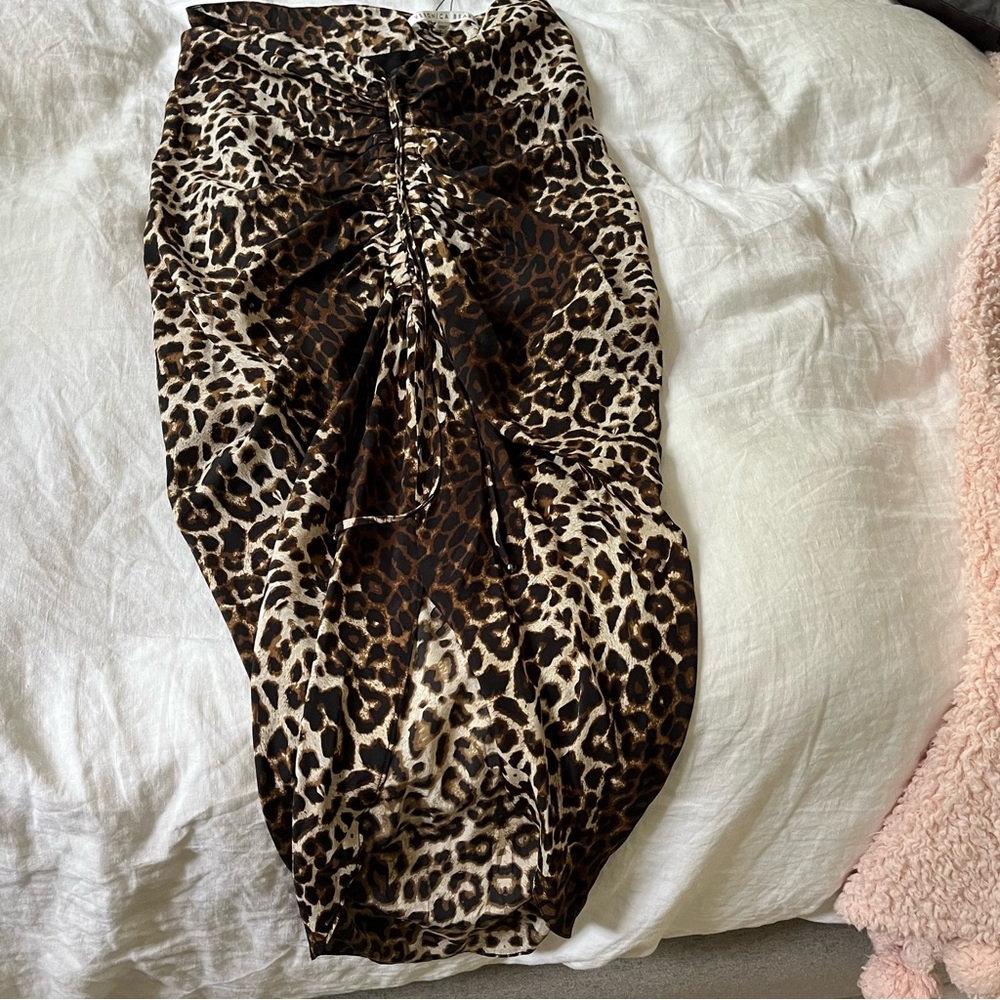 Veronica Beard Ari Skirt, Ruched Silk Animal Print Black Brown High-Low Skirt